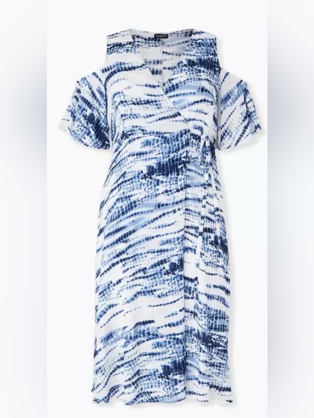 BLUE TIE-DYE GAUZE COLD SHOULDER WRAP MIDI DRESS - Picture 4 of 7